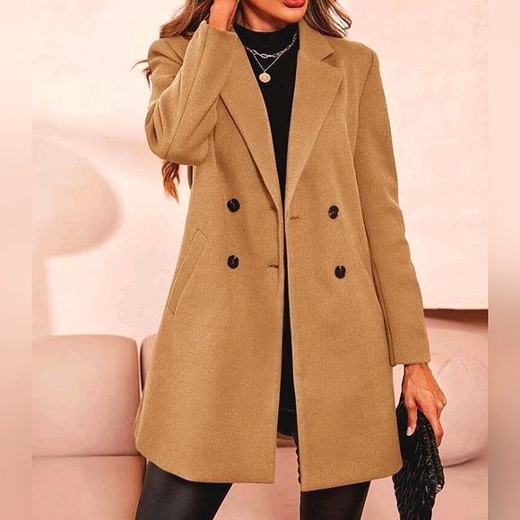 New Chic Double Breasted Mid Length Pea Coat Jacket Camel Khaki Tan - Picture 2 of 9